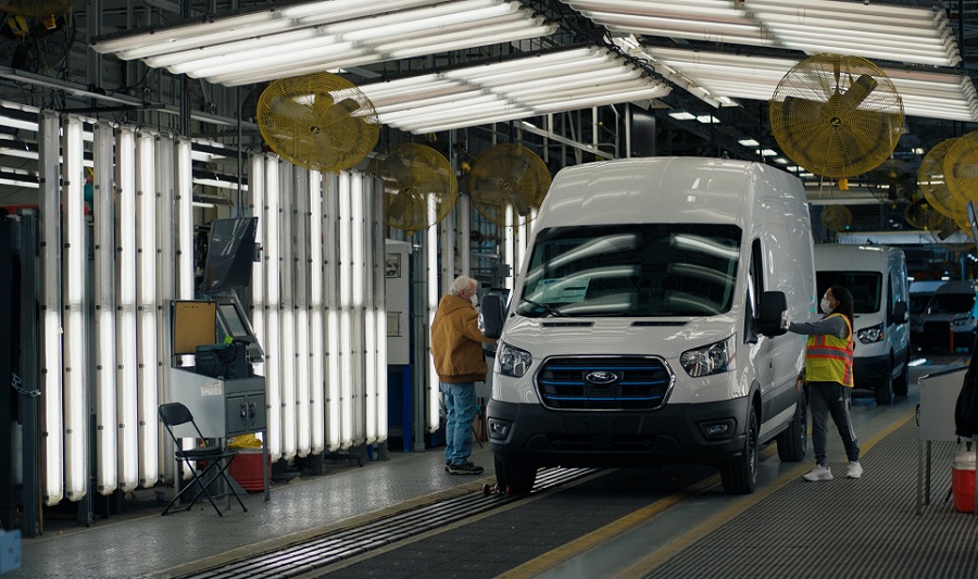 The new E-Transit is produced at Kansas City Assembly Plant – Ford’s first U.S. plant to assemble both batteries and all-electric vehicles in-house